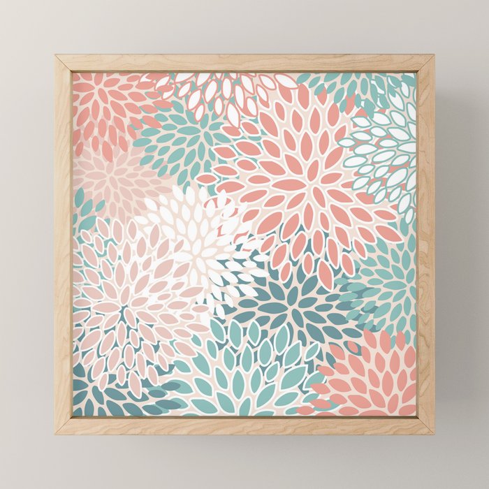 Festive, Floral Prints, Teal, Peach, Coral Mini Art Print Gallery Image 1