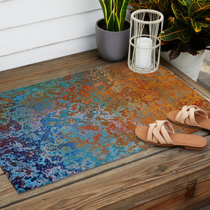 Vintage Rust, Copper and Blue Outdoor Rug Gallery Image 2