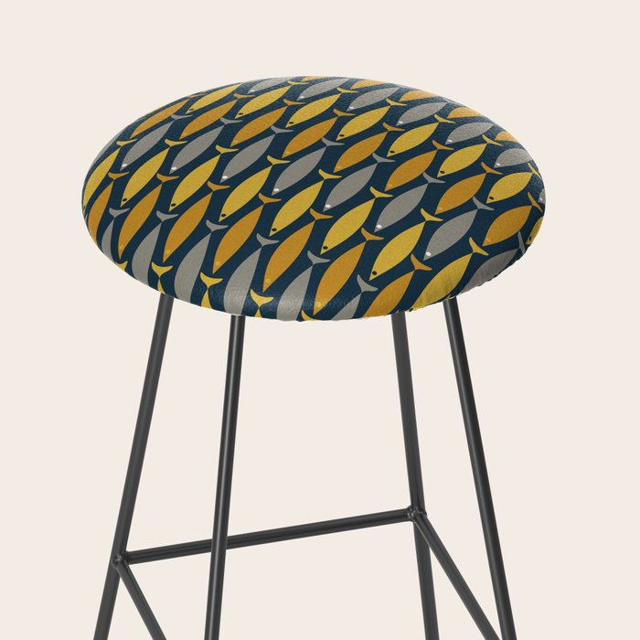 Mid Century Modern Fish Stripes Pattern in Light Mustard, Dark Mustard, Grey, and Navy Blue Stool Gallery Image 2