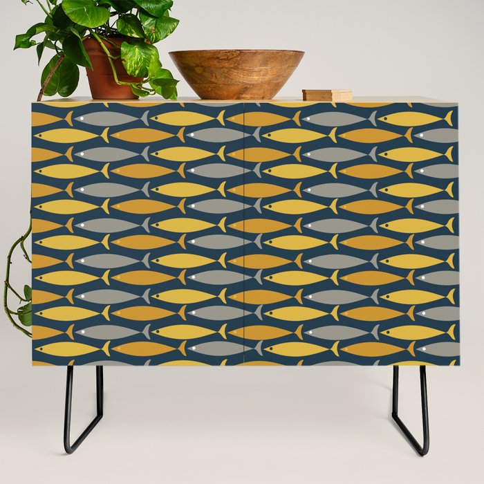 Mid Century Modern Fish Stripes Pattern in Light Mustard, Dark Mustard, Grey, and Navy Blue Credenza Gallery Image 2