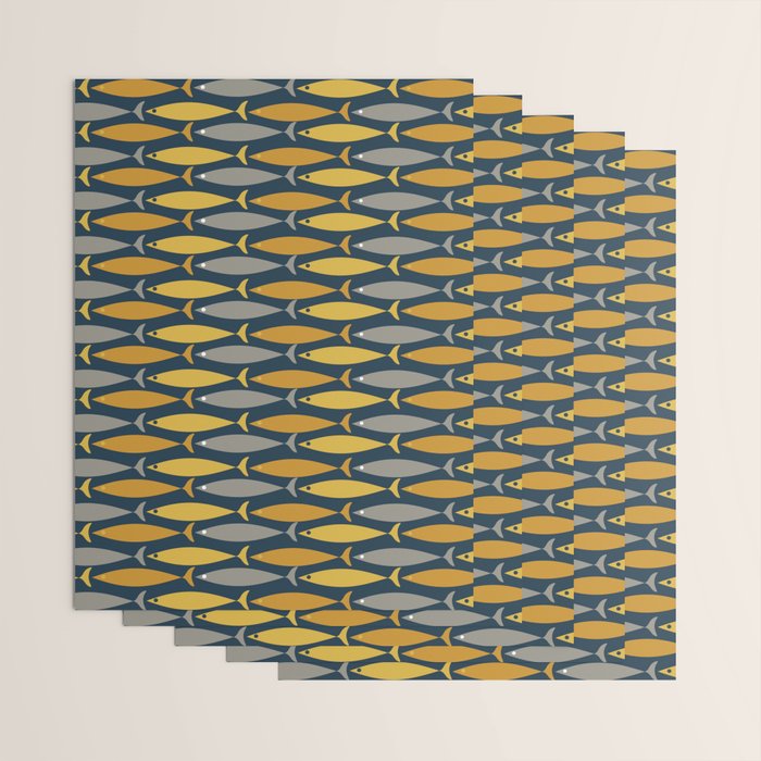 Mid Century Modern Fish Stripes Pattern in Light Mustard, Dark Mustard, Grey, and Navy Blue Wrapping Paper Gallery Image 3