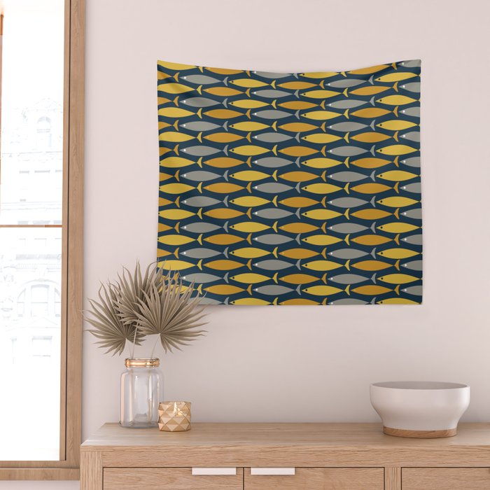 Mid Century Modern Fish Stripes Pattern in Light Mustard, Dark Mustard, Grey, and Navy Blue Wall Tapestry Gallery Image 2