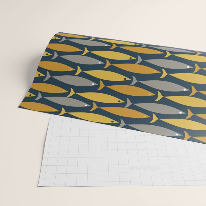 Mid Century Modern Fish Stripes Pattern in Light Mustard, Dark Mustard, Grey, and Navy Blue Wrapping Paper Gallery Image 2