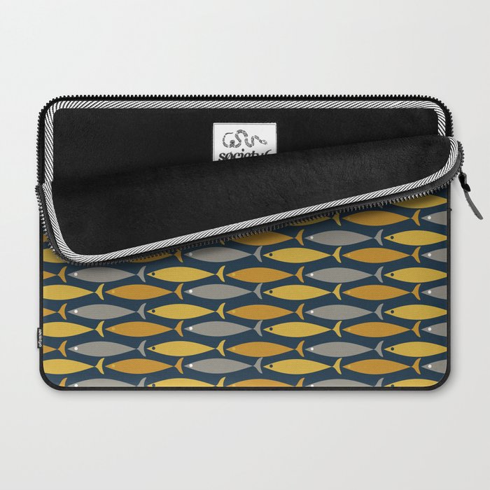 Mid Century Modern Fish Stripes Pattern in Light Mustard, Dark Mustard, Grey, and Navy Blue Laptop Sleeve Gallery Image 2