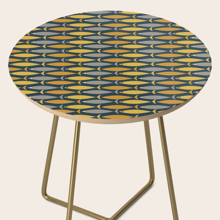 Mid Century Modern Fish Stripes Pattern in Light Mustard, Dark Mustard, Grey, and Navy Blue Side Table Gallery Image 2