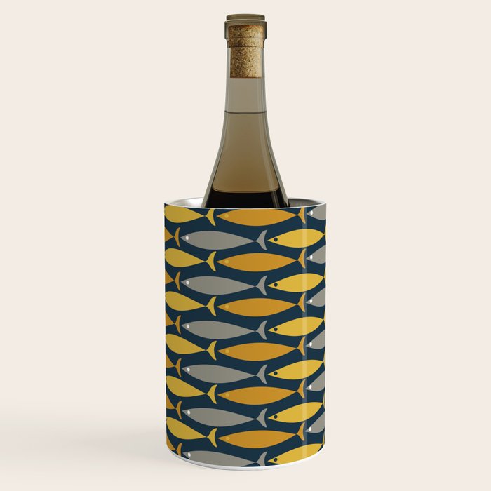 Mid Century Modern Fish Stripes Pattern in Light Mustard, Dark Mustard, Grey, and Navy Blue Wine Chiller Gallery Image 2