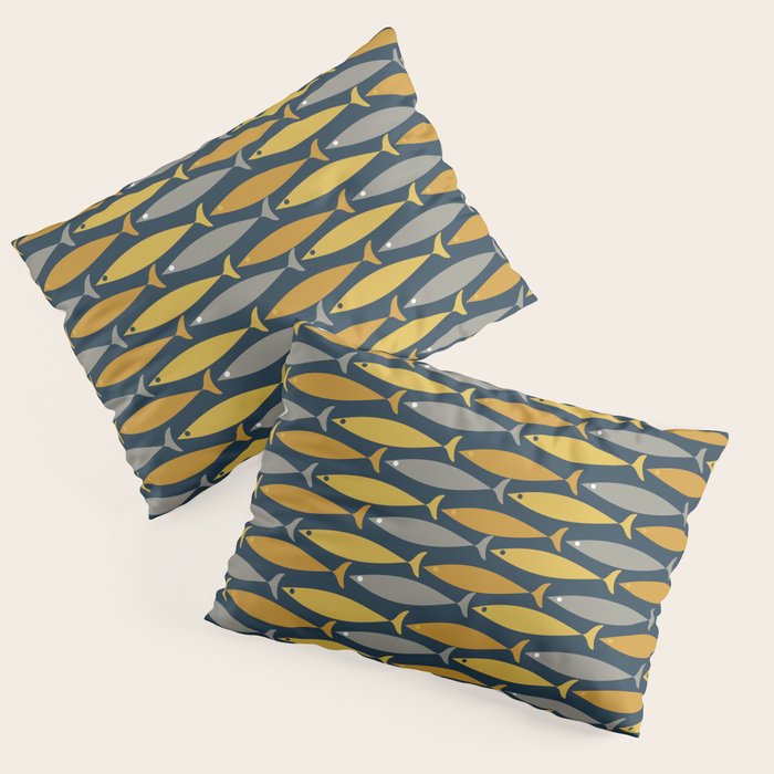 Mid Century Modern Fish Stripes Pattern in Light Mustard, Dark Mustard, Grey, and Navy Blue Pillow Sham Gallery Image 1