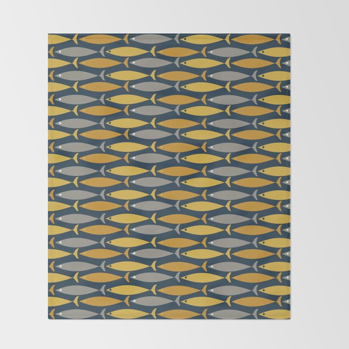 Mid Century Modern Fish Stripes Pattern in Light Mustard, Dark Mustard, Grey, and Navy Blue Throw Blanket Gallery Image 2