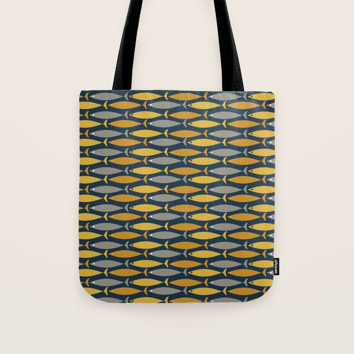 Mid Century Modern Fish Stripes Pattern in Light Mustard, Dark Mustard, Grey, and Navy Blue Tote Bag Gallery Image 1