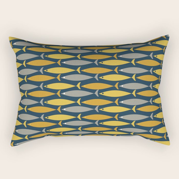 Mid Century Modern Fish Stripes Pattern in Light Mustard, Dark Mustard, Grey, and Navy Blue Rectangular Pillow Gallery Image 2