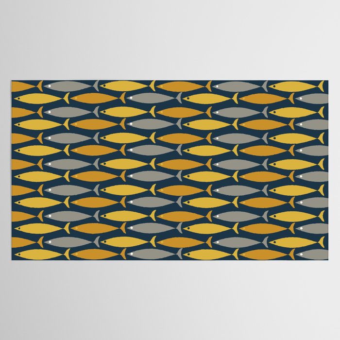 Mid Century Modern Fish Stripes Pattern in Light Mustard, Dark Mustard, Grey, and Navy Blue Tablecloth Gallery Image 2
