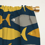 Mid Century Modern Fish Stripes Pattern in Light Mustard, Dark Mustard, Grey, and Navy Blue Window Curtain Gallery Image 2
