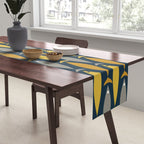 Mid Century Modern Fish Stripes Pattern in Light Mustard, Dark Mustard, Grey, and Navy Blue Table Runner Gallery Image 2