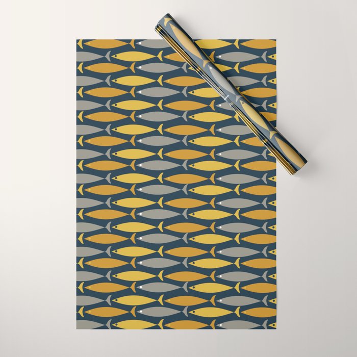 Mid Century Modern Fish Stripes Pattern in Light Mustard, Dark Mustard, Grey, and Navy Blue Wrapping Paper Gallery Image 1