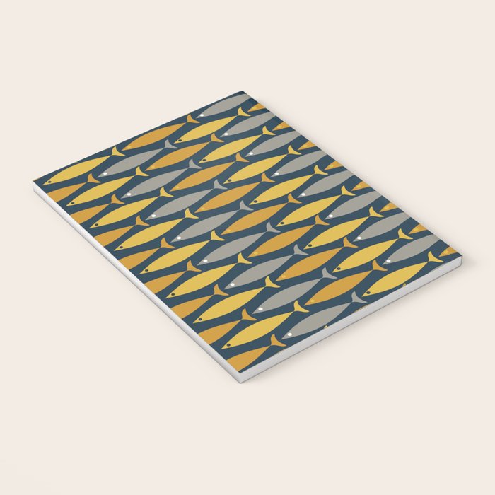 Mid Century Modern Fish Stripes Pattern in Light Mustard, Dark Mustard, Grey, and Navy Blue Notebook Gallery Image 3