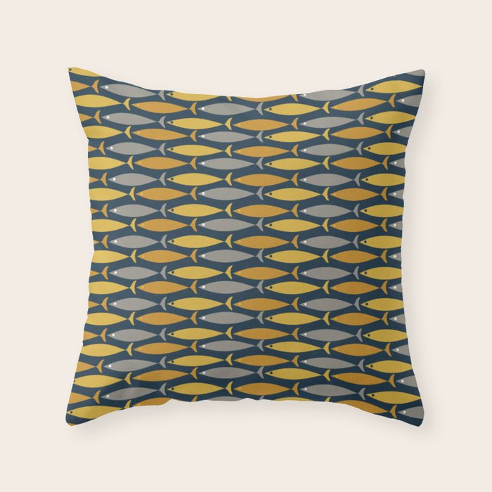 Mid Century Modern Fish Stripes Pattern in Light Mustard, Dark Mustard, Grey, and Navy Blue Throw Pillow Gallery Image 6