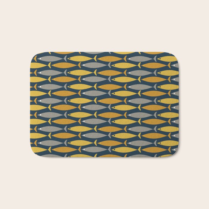 Mid Century Modern Fish Stripes Pattern in Light Mustard, Dark Mustard, Grey, and Navy Blue Bath Mat Gallery Image 1