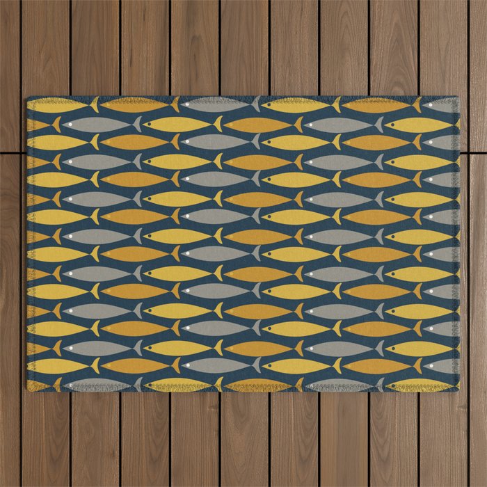 Mid Century Modern Fish Stripes Pattern in Light Mustard, Dark Mustard, Grey, and Navy Blue Outdoor Rug Gallery Image 1