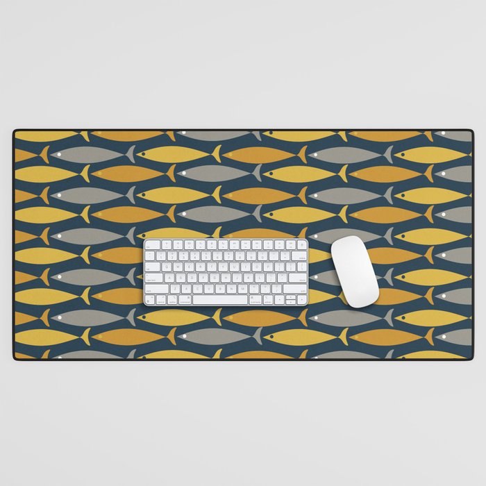 Mid Century Modern Fish Stripes Pattern in Light Mustard, Dark Mustard, Grey, and Navy Blue Desk Mat Gallery Image 1