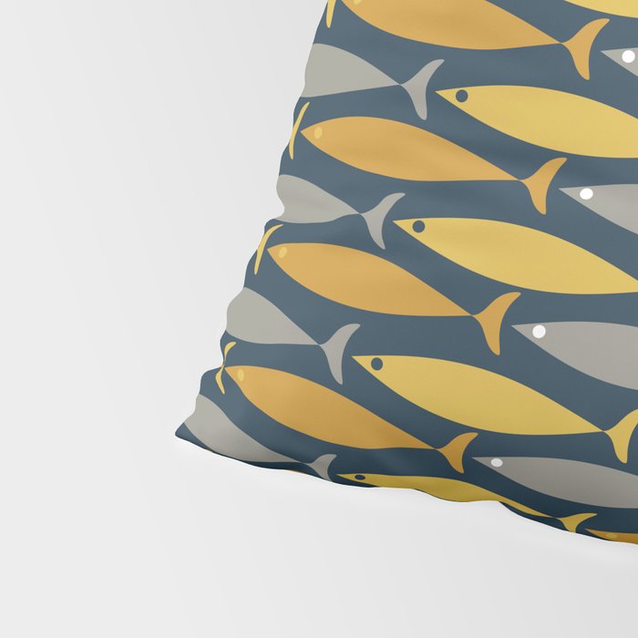 Mid Century Modern Fish Stripes Pattern in Light Mustard, Dark Mustard, Grey, and Navy Blue Pillow Sham Gallery Image 4