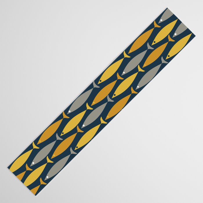 Mid Century Modern Fish Stripes Pattern in Light Mustard, Dark Mustard, Grey, and Navy Blue Table Runner Gallery Image 3