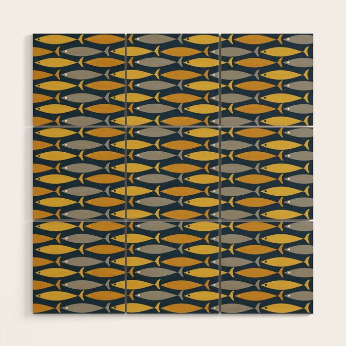 Mid Century Modern Fish Stripes Pattern in Light Mustard, Dark Mustard, Grey, and Navy Blue Wood Wall Art Gallery Image 1