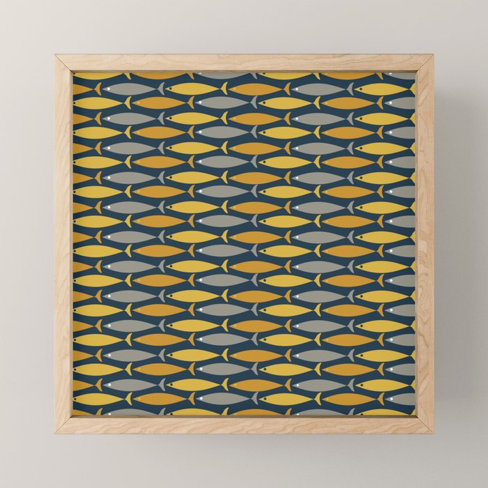 Mid Century Modern Fish Stripes Pattern in Light Mustard, Dark Mustard, Grey, and Navy Blue Mini Art Print Gallery Image 1