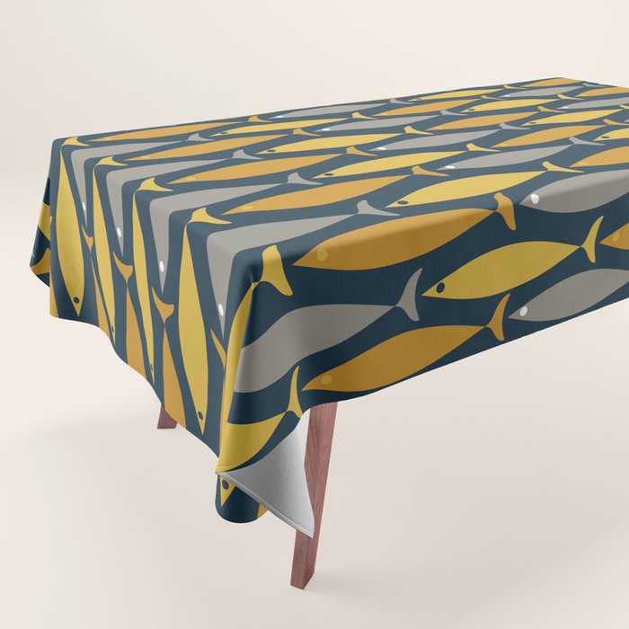 Mid Century Modern Fish Stripes Pattern in Light Mustard, Dark Mustard, Grey, and Navy Blue Tablecloth Gallery Image 1