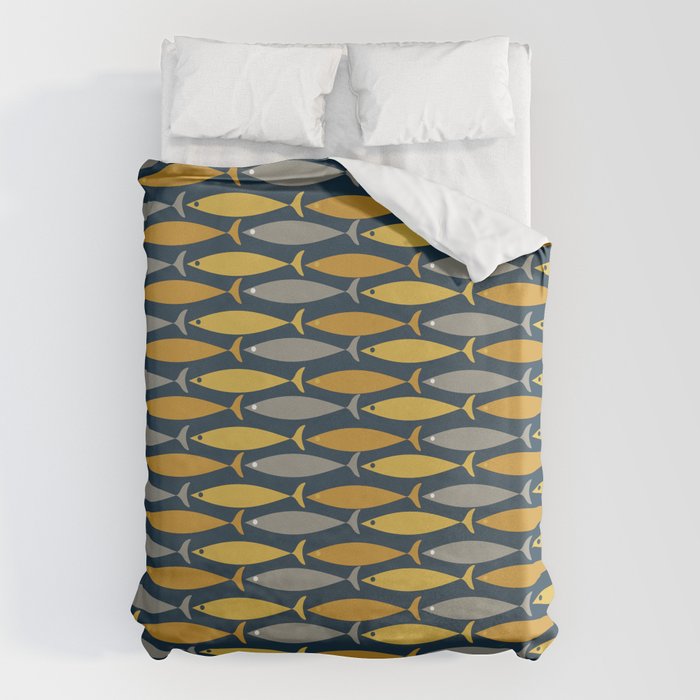 Mid Century Modern Fish Stripes Pattern in Light Mustard, Dark Mustard, Grey, and Navy Blue Duvet Cover Gallery Image 1