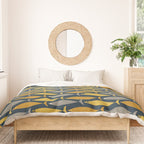 Mid Century Modern Fish Stripes Pattern in Light Mustard, Dark Mustard, Grey, and Navy Blue Duvet Cover Gallery Image 3