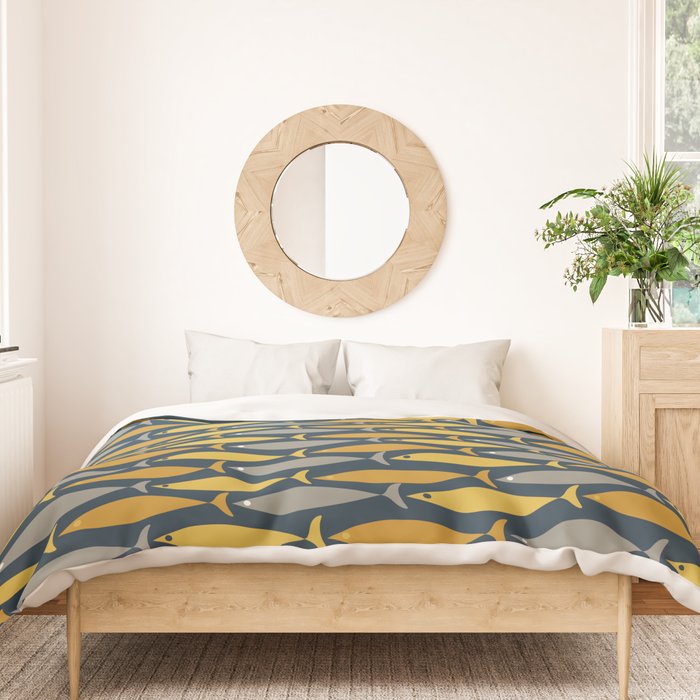 Mid Century Modern Fish Stripes Pattern in Light Mustard, Dark Mustard, Grey, and Navy Blue Duvet Cover Gallery Image 3