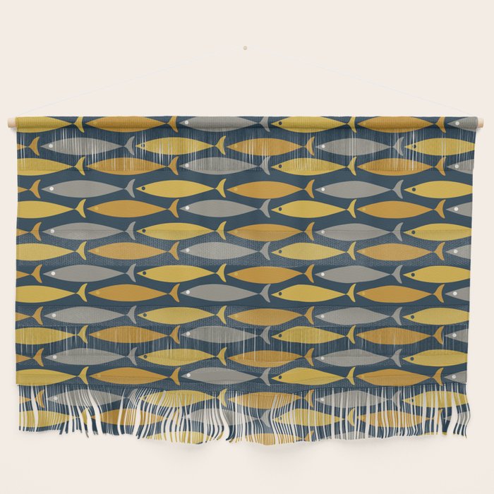 Mid Century Modern Fish Stripes Pattern in Light Mustard, Dark Mustard, Grey, and Navy Blue Wall Hanging Gallery Image 1