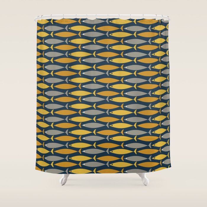 Mid Century Modern Fish Stripes Pattern in Light Mustard, Dark Mustard, Grey, and Navy Blue Shower Curtain Gallery Image 1