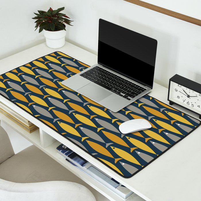 Mid Century Modern Fish Stripes Pattern in Light Mustard, Dark Mustard, Grey, and Navy Blue Desk Mat Gallery Image 2