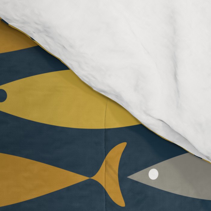 Mid Century Modern Fish Stripes Pattern in Light Mustard, Dark Mustard, Grey, and Navy Blue Comforter Gallery Image 4