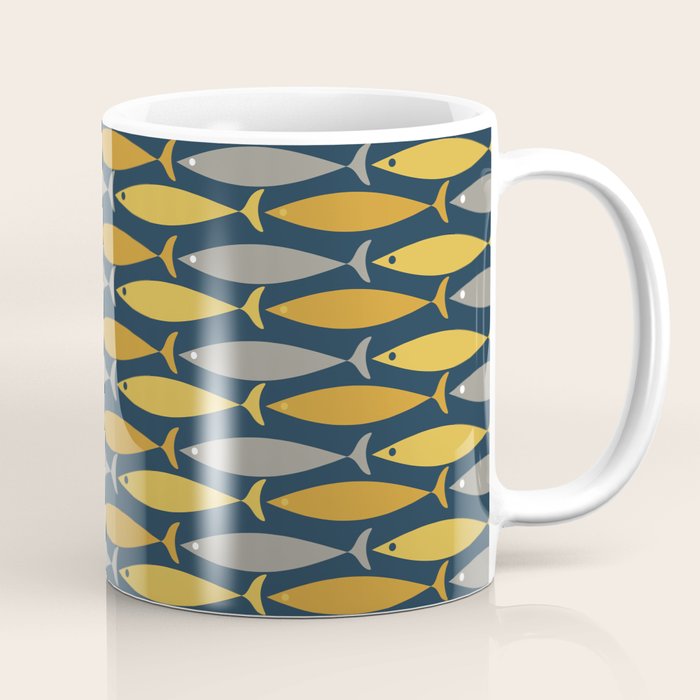 Mid Century Modern Fish Stripes Pattern in Light Mustard, Dark Mustard, Grey, and Navy Blue Coffee Mug Gallery Image 1