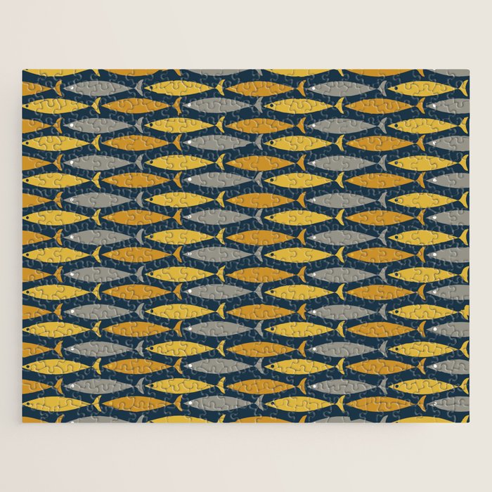Mid Century Modern Fish Stripes Pattern in Light Mustard, Dark Mustard, Grey, and Navy Blue Jigsaw Puzzle Gallery Image 1