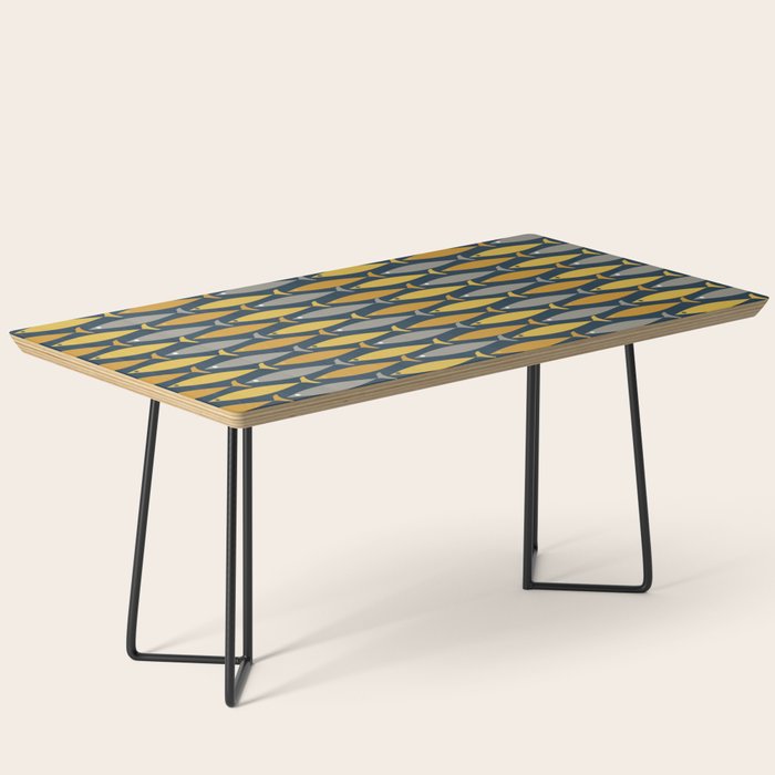 Mid Century Modern Fish Stripes Pattern in Light Mustard, Dark Mustard, Grey, and Navy Blue Coffee Table Gallery Image 1
