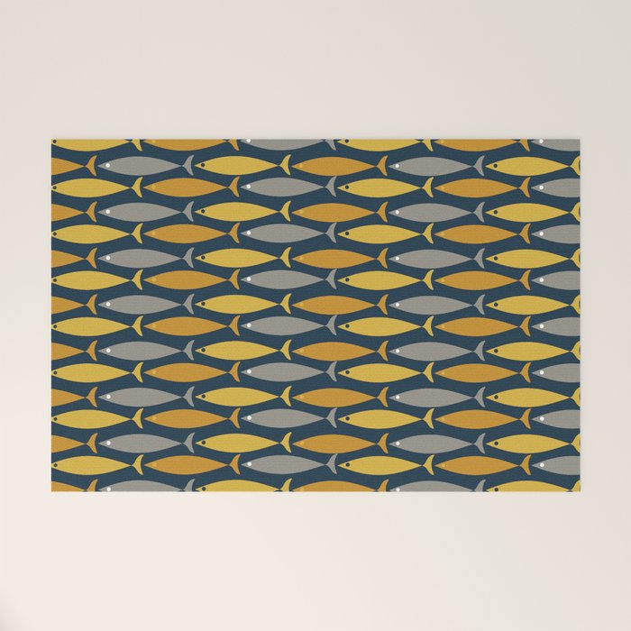 Mid Century Modern Fish Stripes Pattern in Light Mustard, Dark Mustard, Grey, and Navy Blue Welcome Mat Gallery Image 1