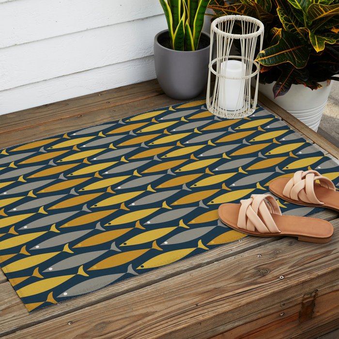 Mid Century Modern Fish Stripes Pattern in Light Mustard, Dark Mustard, Grey, and Navy Blue Outdoor Rug Gallery Image 2