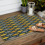 Mid Century Modern Fish Stripes Pattern in Light Mustard, Dark Mustard, Grey, and Navy Blue Outdoor Rug Gallery Image 2