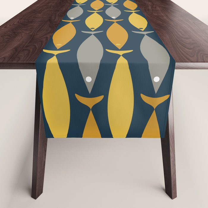 Mid Century Modern Fish Stripes Pattern in Light Mustard, Dark Mustard, Grey, and Navy Blue Table Runner Gallery Image 1
