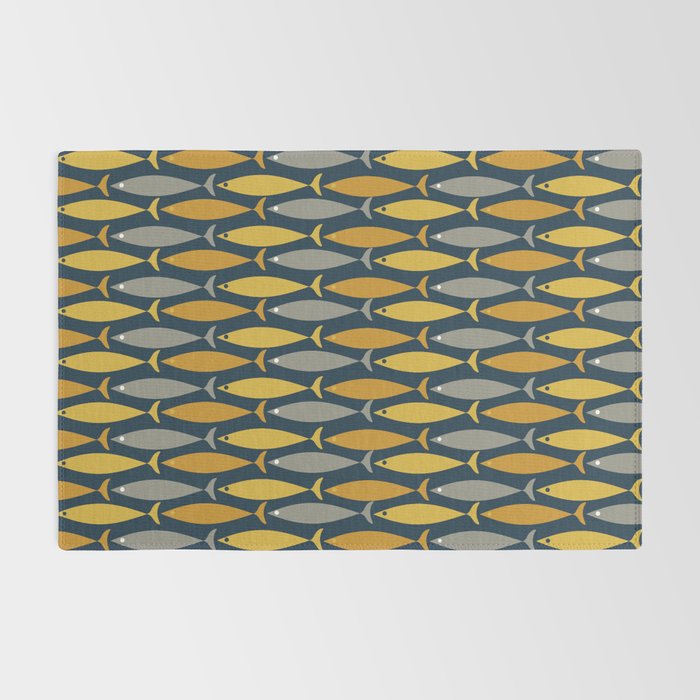 Mid Century Modern Fish Stripes Pattern in Light Mustard, Dark Mustard, Grey, and Navy Blue Rug Gallery Image 2
