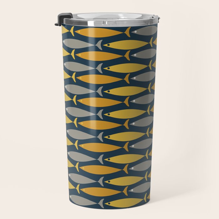 Mid Century Modern Fish Stripes Pattern in Light Mustard, Dark Mustard, Grey, and Navy Blue Travel Mug Gallery Image 3