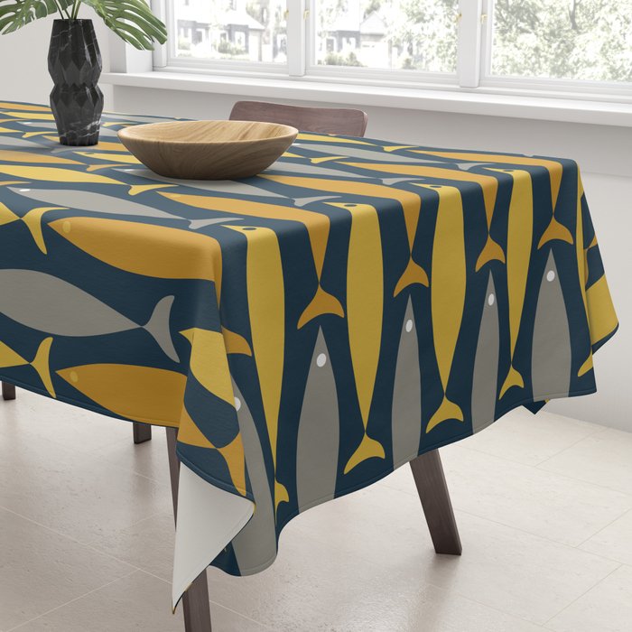 Mid Century Modern Fish Stripes Pattern in Light Mustard, Dark Mustard, Grey, and Navy Blue Tablecloth Gallery Image 3