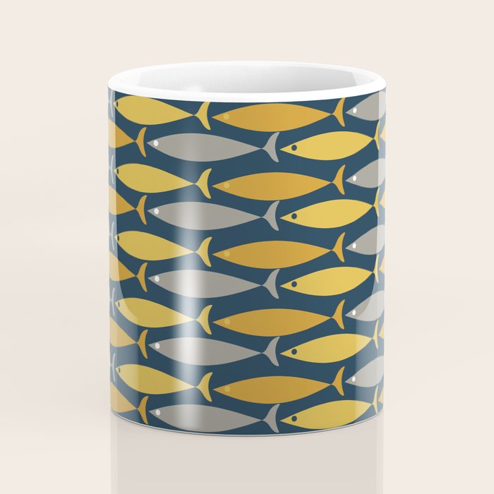Mid Century Modern Fish Stripes Pattern in Light Mustard, Dark Mustard, Grey, and Navy Blue Coffee Mug Gallery Image 4