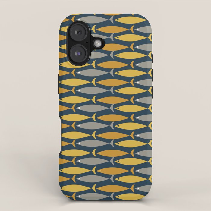 Mid Century Modern Fish Stripes Pattern in Light Mustard, Dark Mustard, Grey, and Navy Blue iPhone Case Gallery Image 1