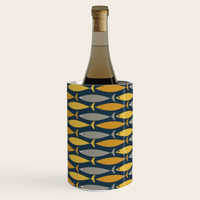Mid Century Modern Fish Stripes Pattern in Light Mustard, Dark Mustard, Grey, and Navy Blue Wine Chiller Gallery Image 3
