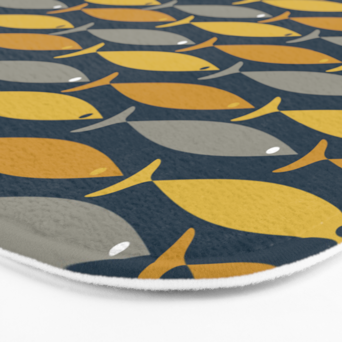 Mid Century Modern Fish Stripes Pattern in Light Mustard, Dark Mustard, Grey, and Navy Blue Bath Mat Gallery Image 3