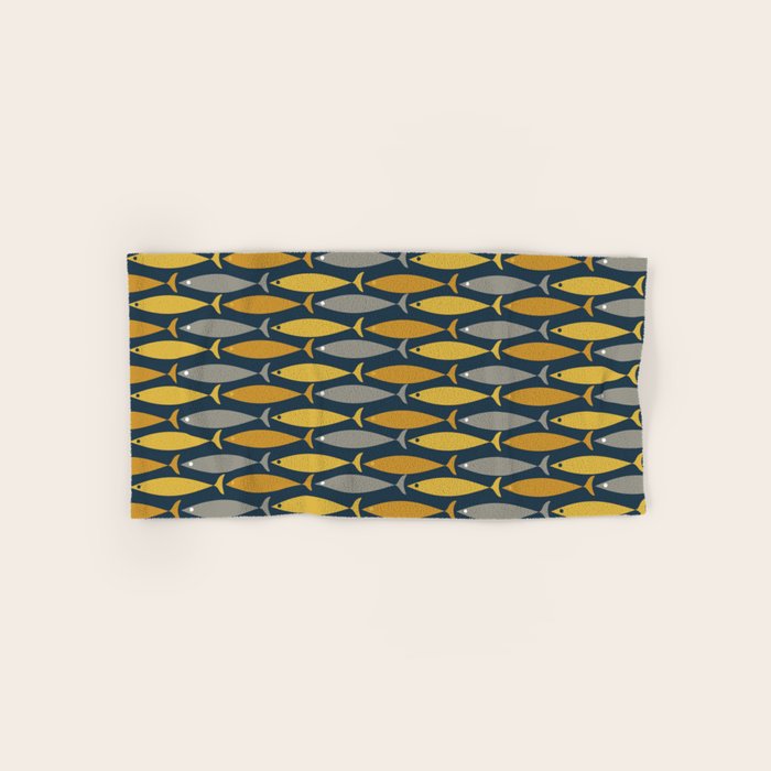 Mid Century Modern Fish Stripes Pattern in Light Mustard, Dark Mustard, Grey, and Navy Blue Bath Towel Gallery Image 1